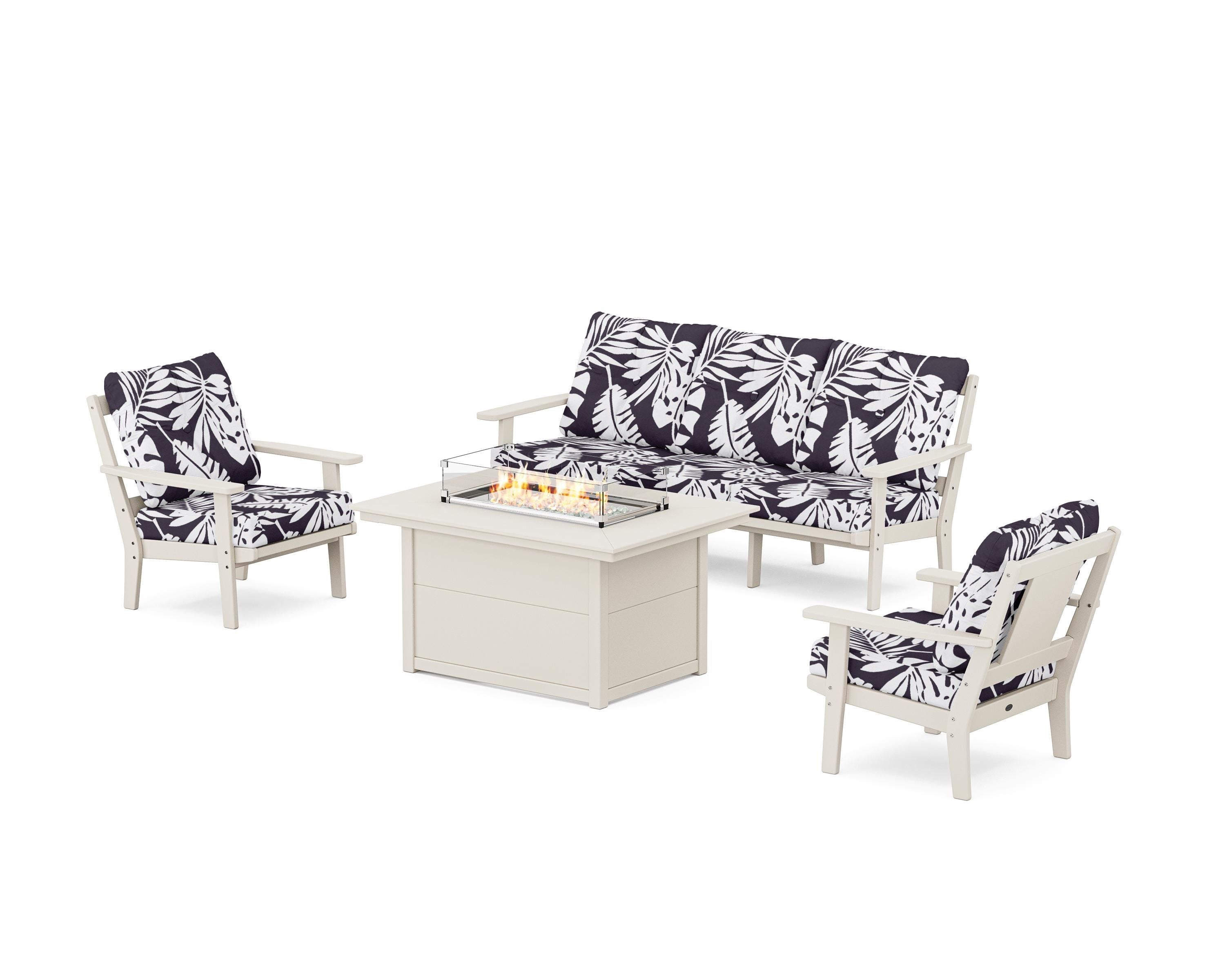 POLYWOOD® Prairie Deep Seating Fire Pit Table Set in Sand / Leaf Navy