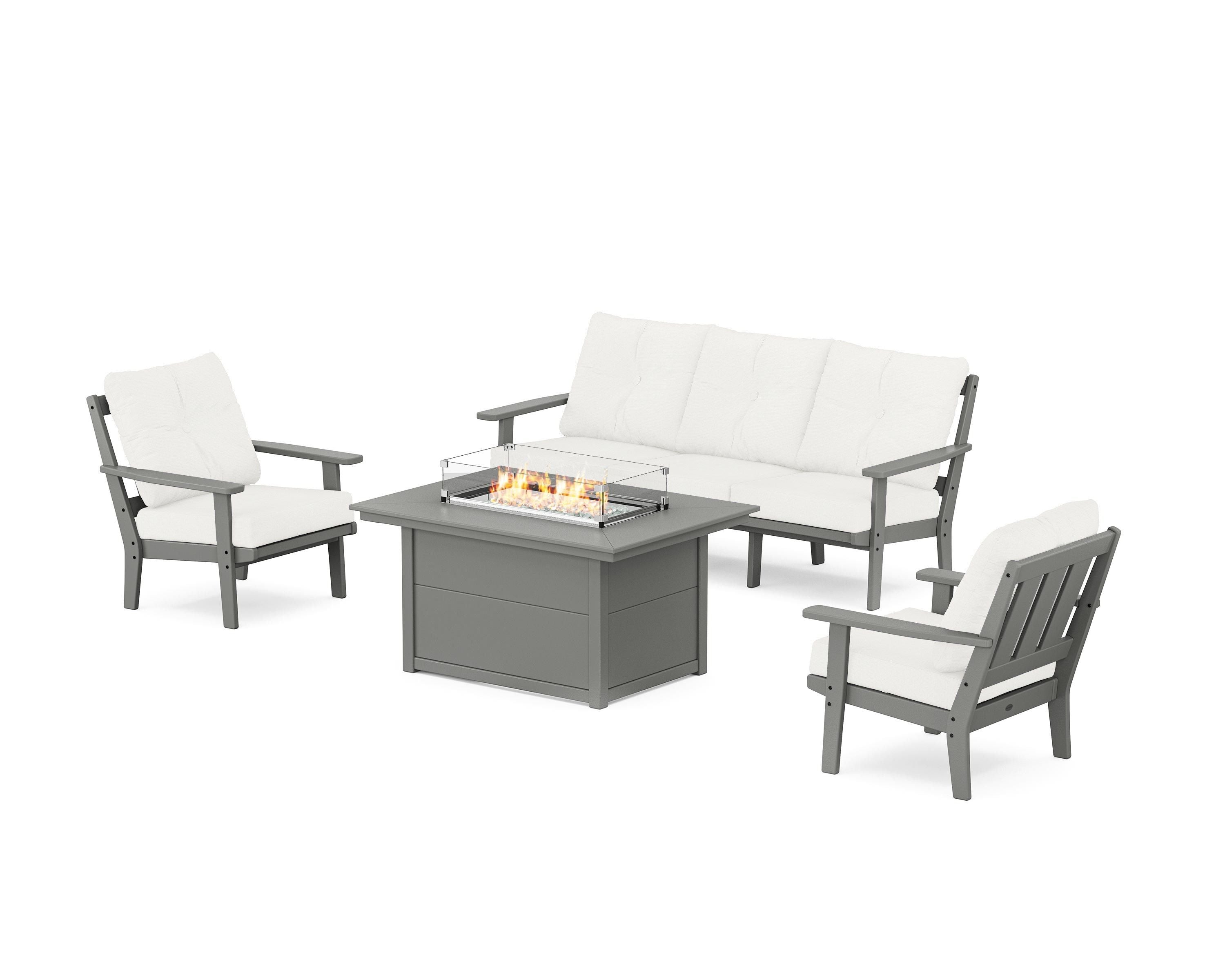 POLYWOOD® Oxford Deep Seating Fire Pit Table Set in Slate Grey / Natural Linen