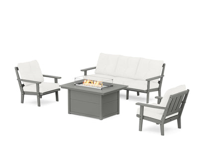 POLYWOOD® Oxford Deep Seating Fire Pit Table Set in Slate Grey / Natural Linen