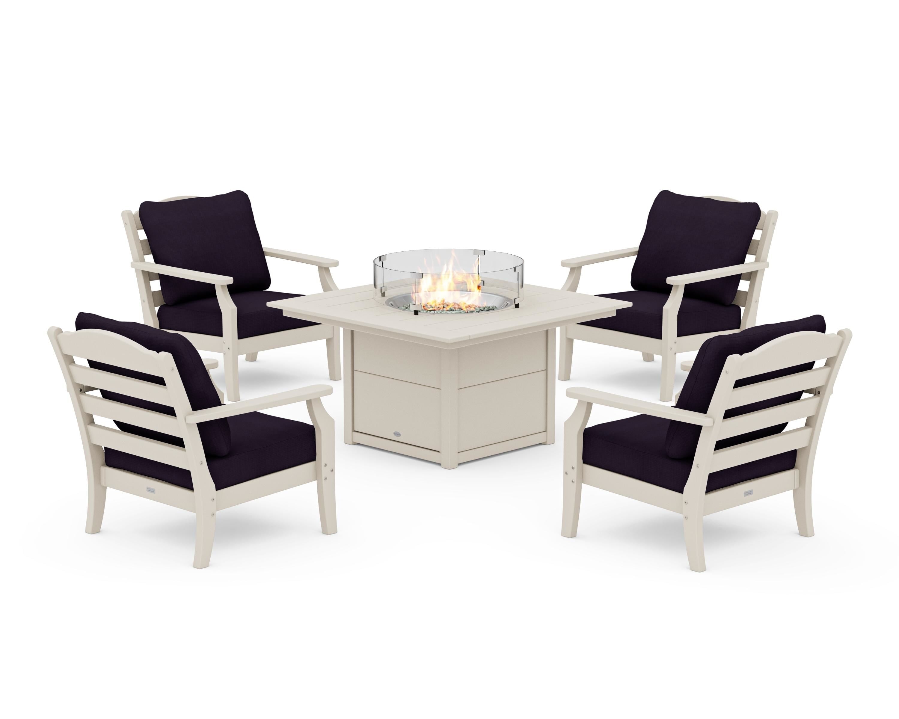 Draper James™ by  POLYWOOD® Savannah 5-Piece Deep Seating Set with Fire Pit Table in Sand / Navy Linen