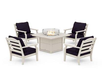 Draper James™ by  POLYWOOD® Savannah 5-Piece Deep Seating Set with Fire Pit Table in Sand / Navy Linen