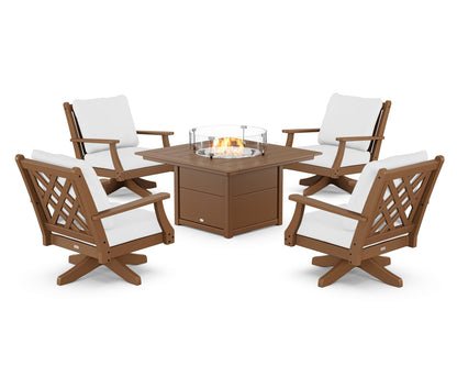 Country Living Wovendale 5-Piece Deep Seating Swivel Conversation Set with Fire Pit Table in Teak / Natural