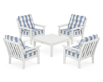 POLYWOOD® Vineyard 5-Piece Deep Seating Conversation Set in White / Buffalo Plaid Sky Blue