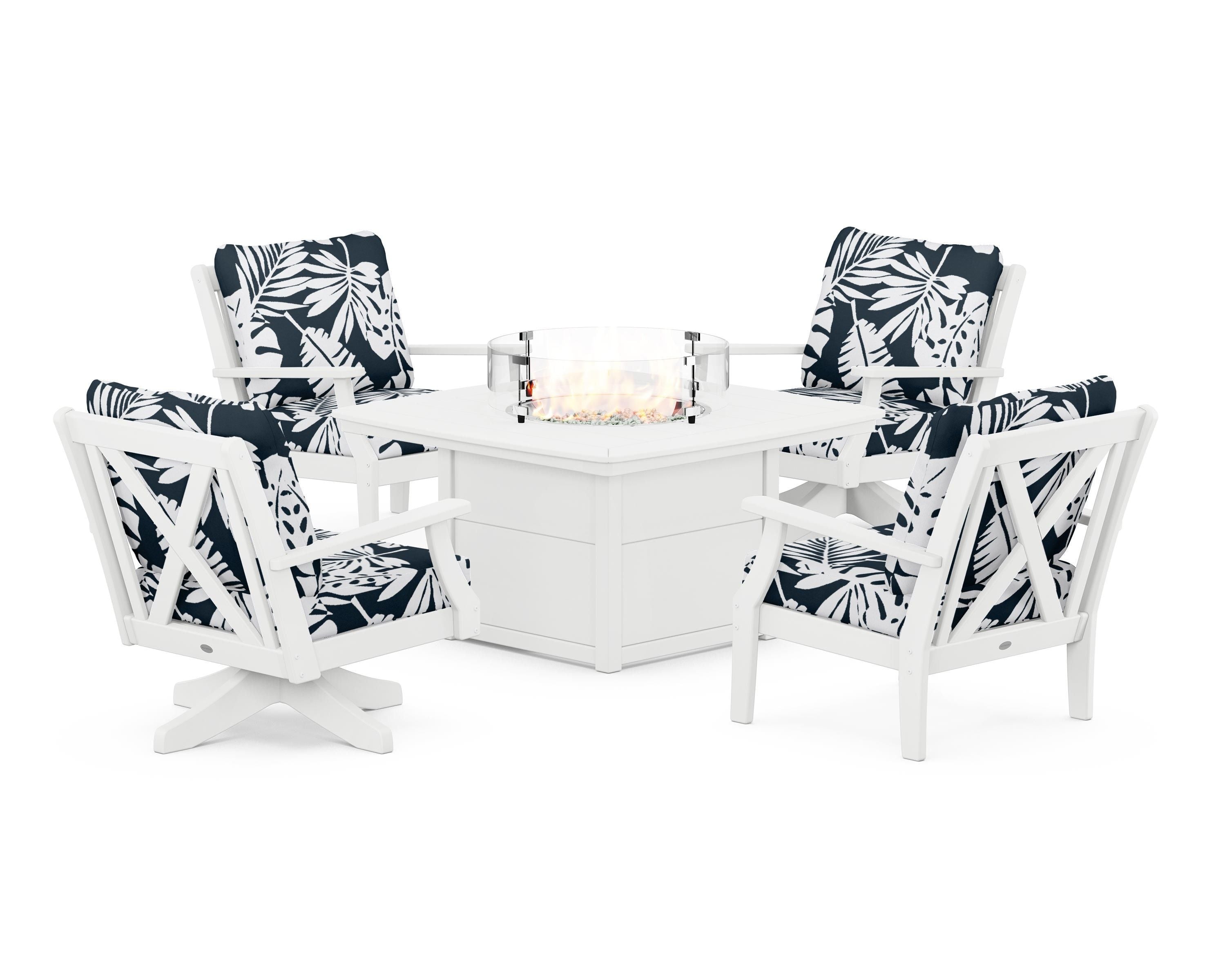 POLYWOOD® Braxton 5-Piece Deep Seating Set with Fire Table in White / Leaf Marine Indigo