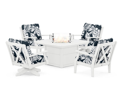 POLYWOOD® Braxton 5-Piece Deep Seating Set with Fire Table in White / Leaf Marine Indigo