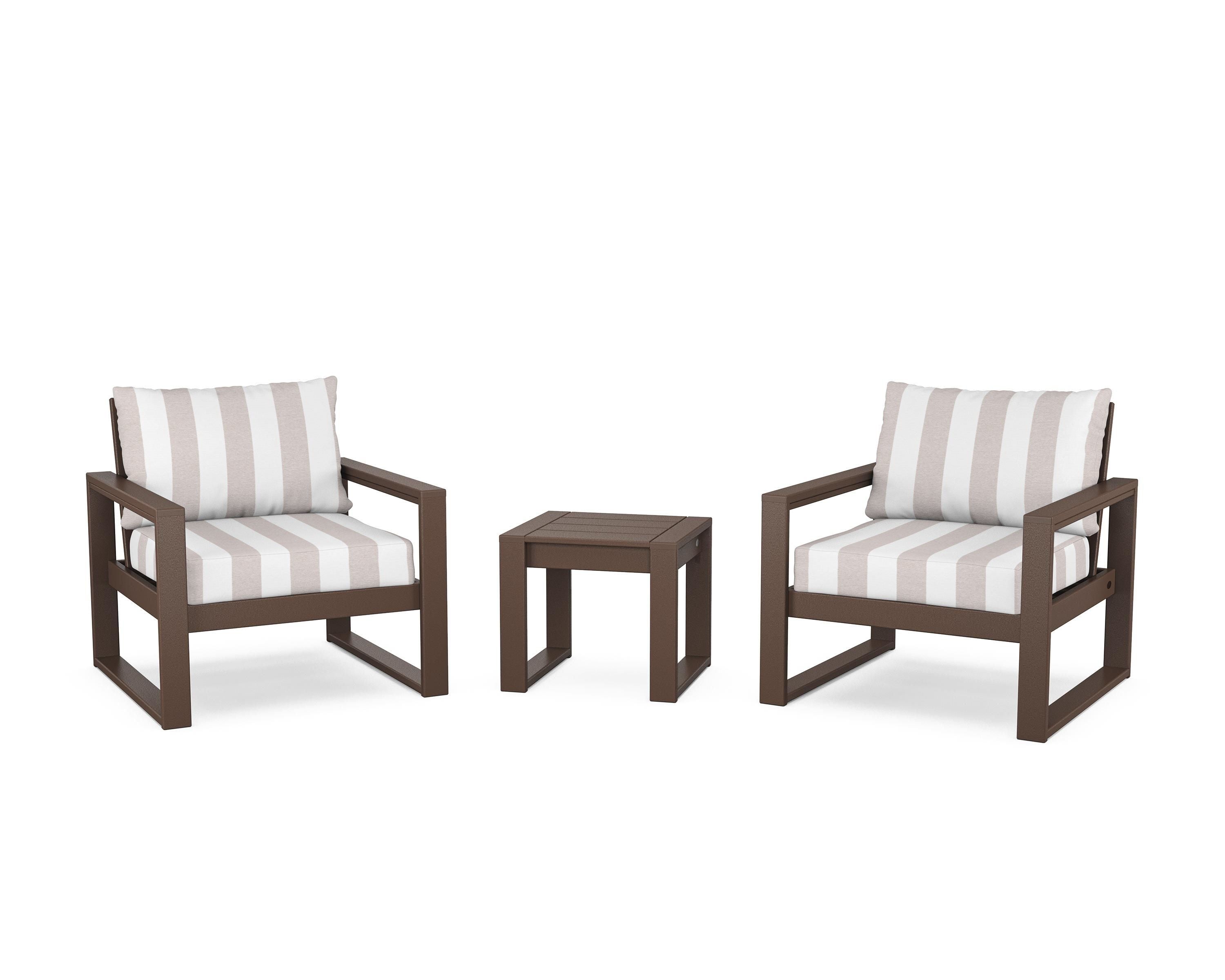 POLYWOOD® EDGE Sectional 3-Piece Deep Seating Set in Mahogany / Cabana Stripe Dune Burlap