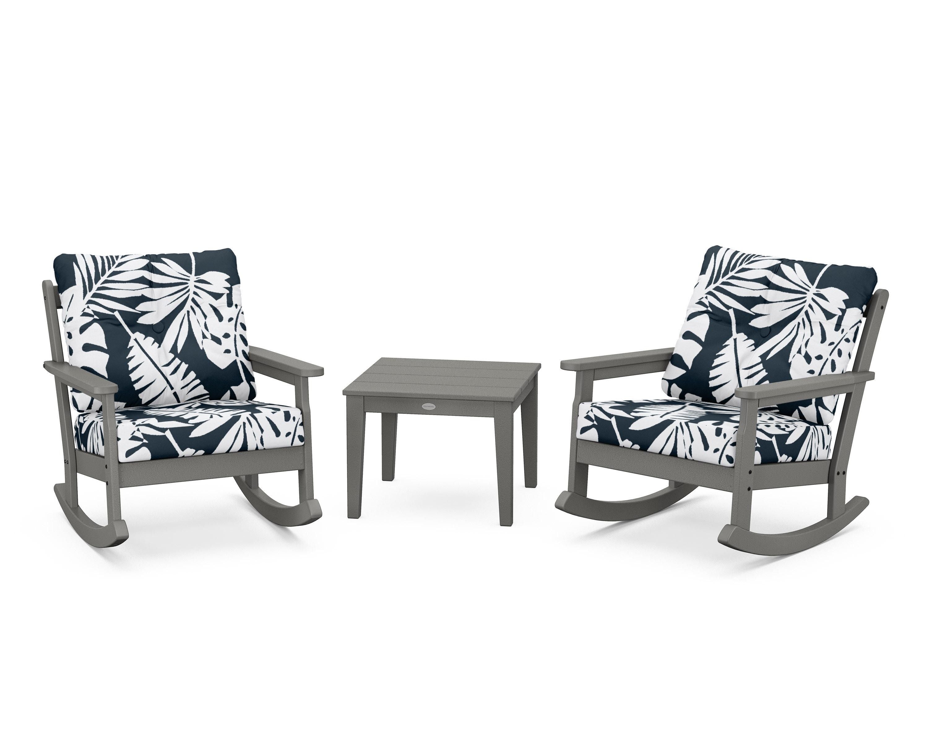 POLYWOOD® Vineyard 3-Piece Deep Seating Rocker Set in Slate Grey / Leaf Marine Indigo