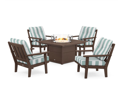 POLYWOOD® Oxford 5-Piece Deep Seating Set with Fire Pit Table in Mahogany / Cabana Stripe Glacier Spa