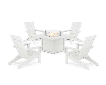 POLYWOOD® 5-Piece Modern Studio Folding Adirondack Conversation Set with Fire Pit Table in White