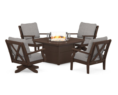 POLYWOOD® Braxton 5-Piece Deep Seating Set with Fire Table in Mahogany / Grey Mist