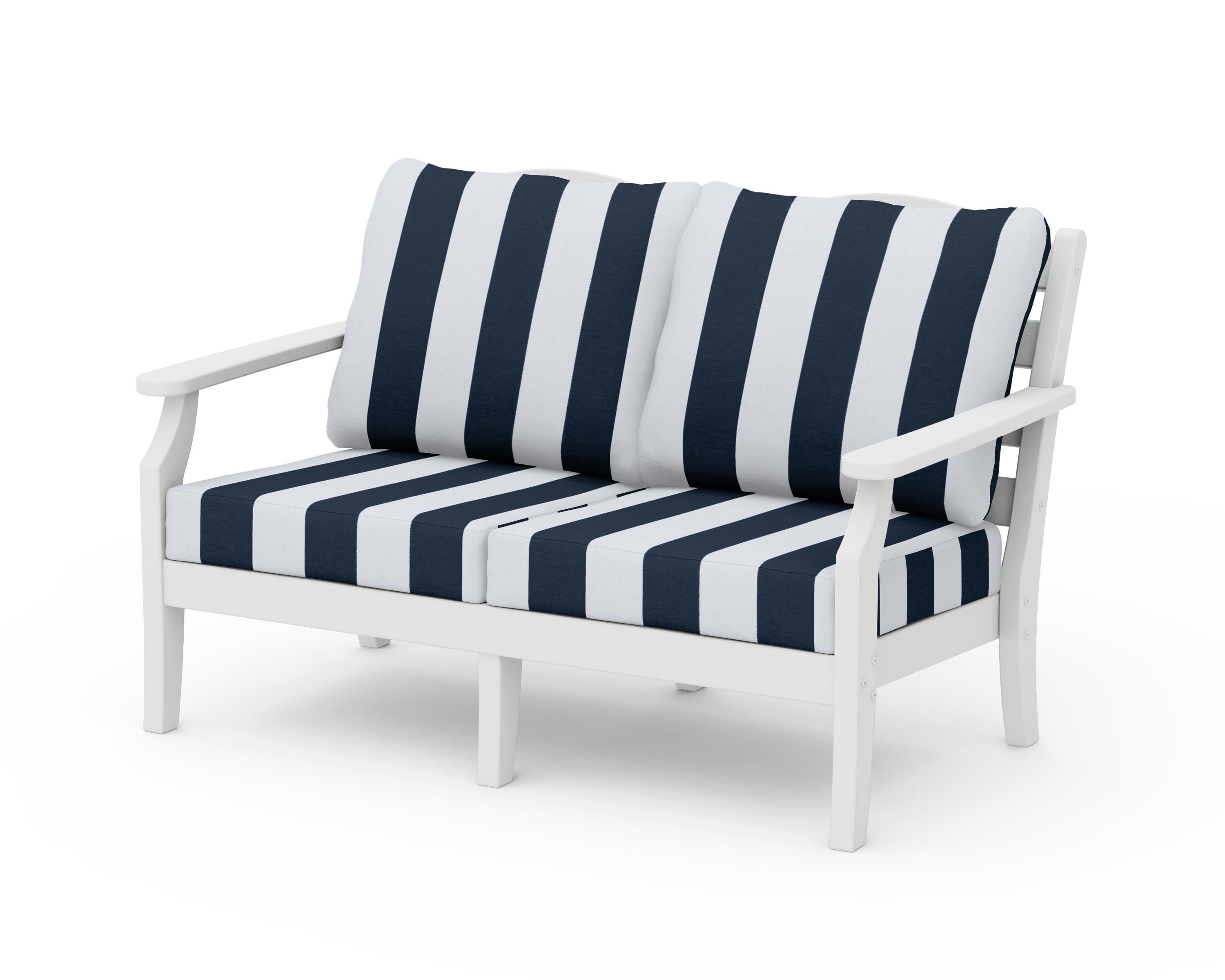 Draper James™ by  POLYWOOD® Savannah Deep Seating Loveseat in White / Cabana Stripe Marine Indigo