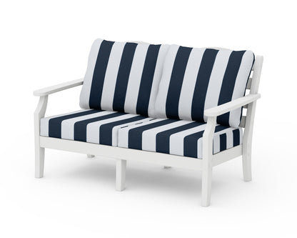Draper James™ by  POLYWOOD® Savannah Deep Seating Loveseat in White / Cabana Stripe Marine Indigo