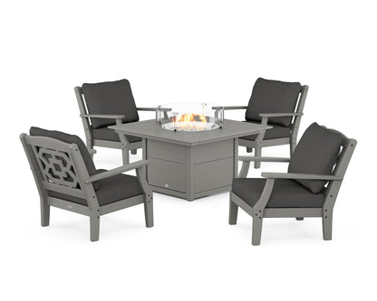 Martha Stewart by POLYWOOD® Chinoiserie 5-Piece Deep Seating Set with Fire Pit Table in Slate Grey / Spectrum Carbon