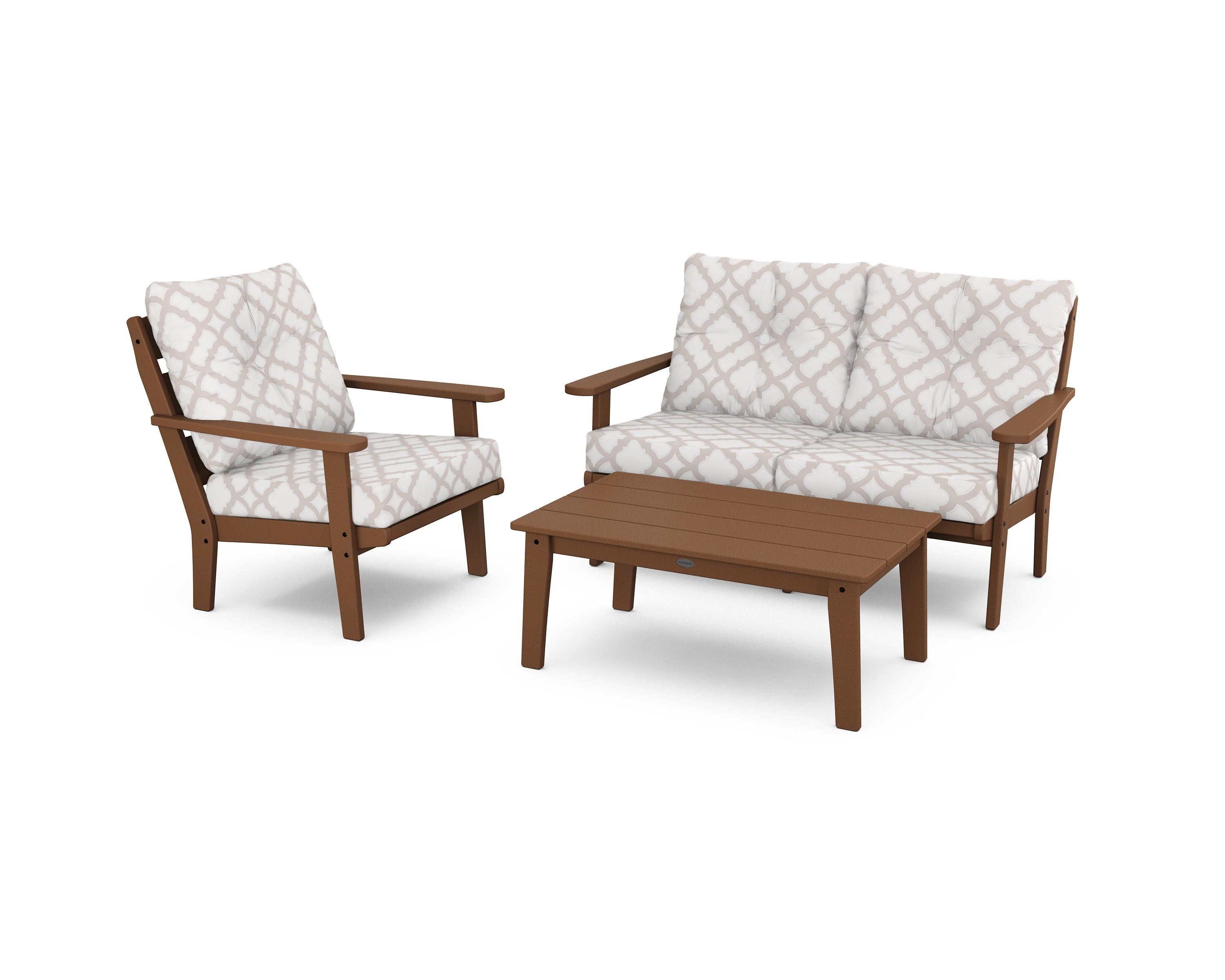 POLYWOOD® Lakeside 3-Piece Deep Seating Set in Teak / Trellis Dune Burlap