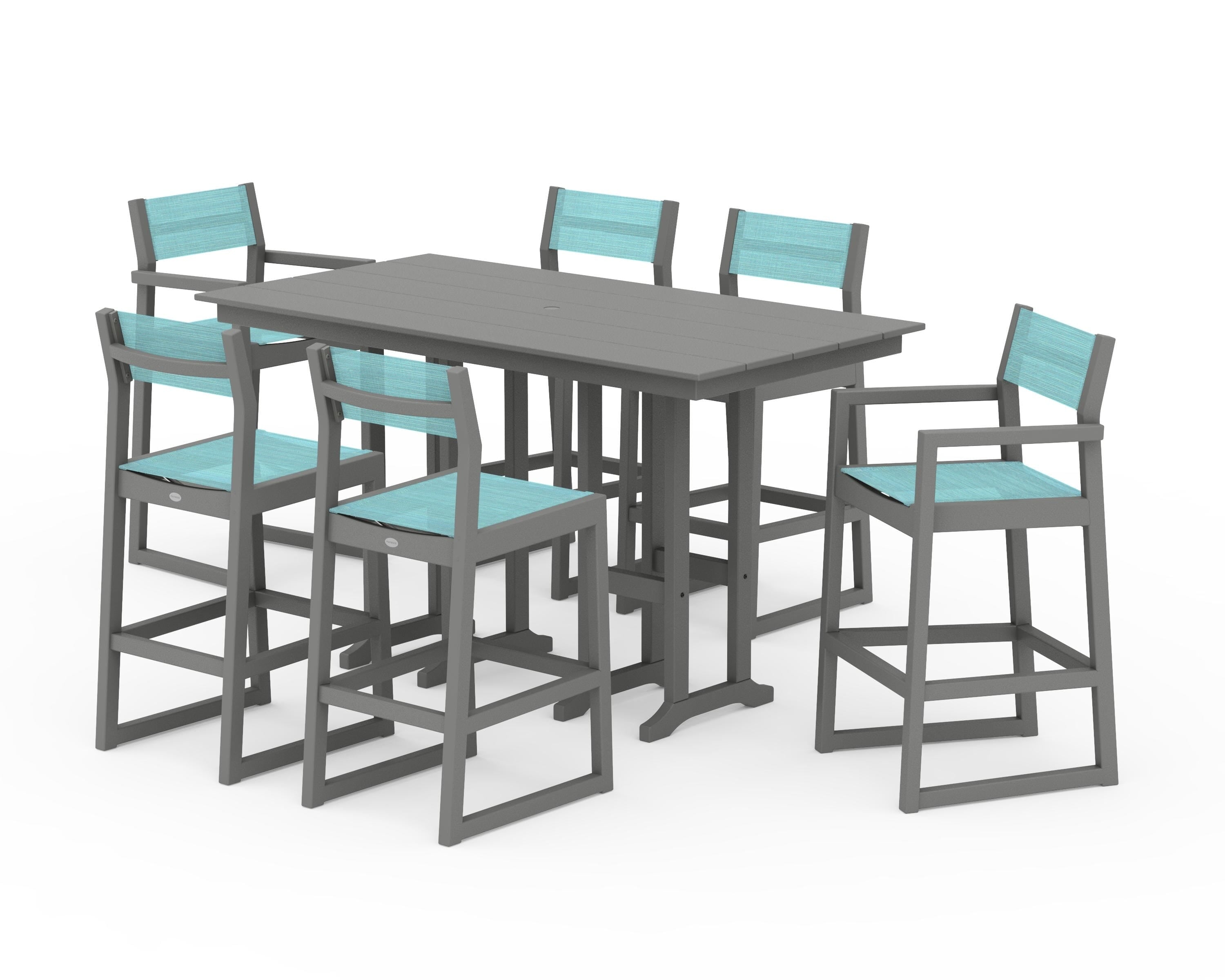 POLYWOOD® EDGE Sling 7-Piece Farmhouse Bar Set in Slate Grey / Dupioni Aquamarine Sling