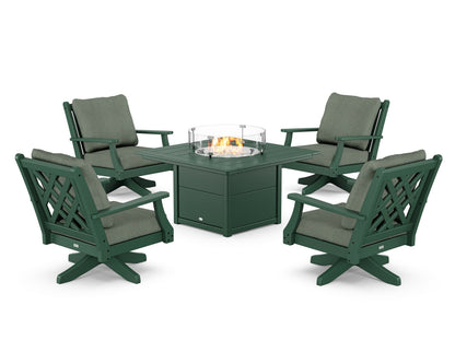 Country Living Wovendale 5-Piece Deep Seating Swivel Conversation Set with Fire Pit Table in Green / Cast Sage