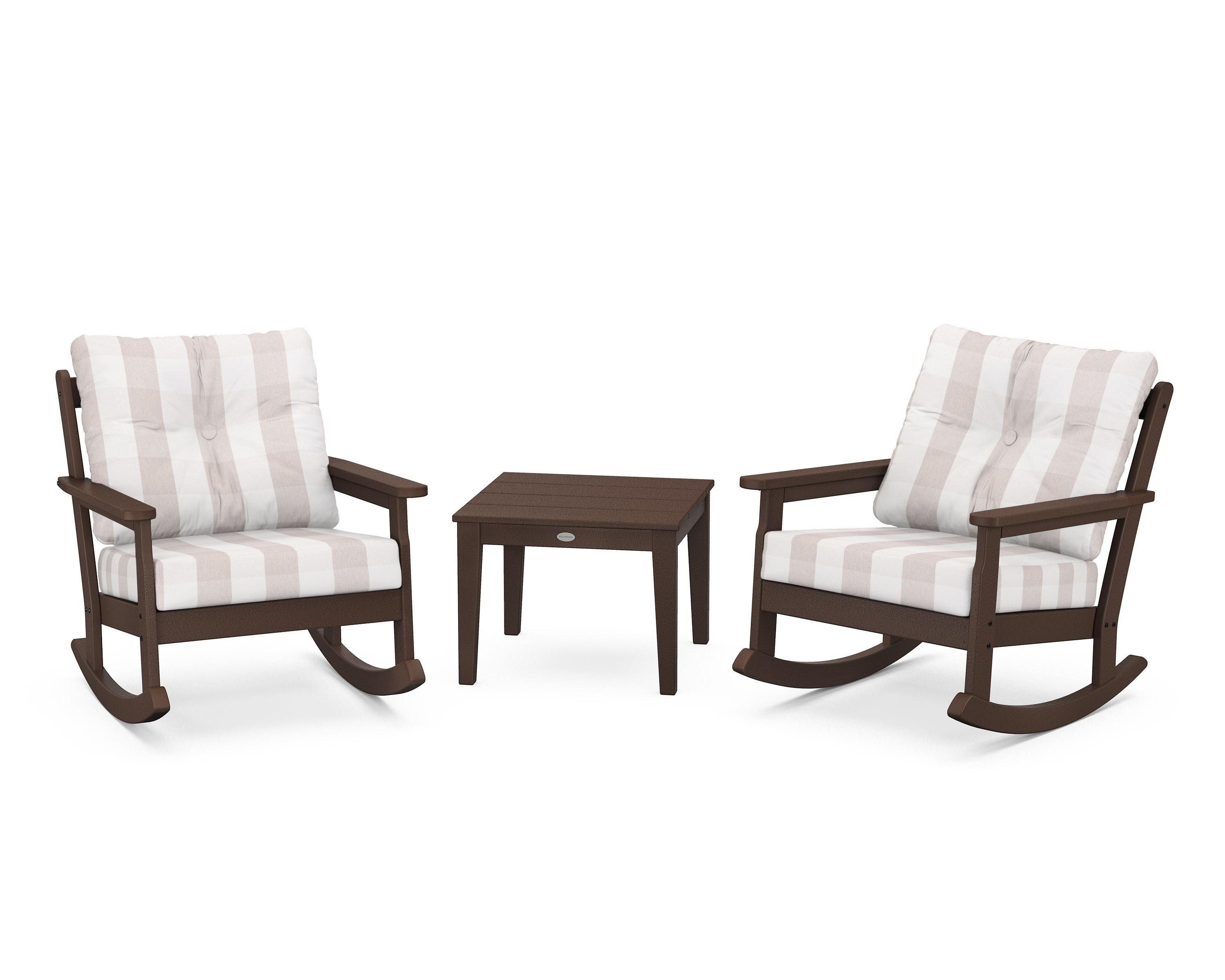 POLYWOOD® Vineyard 3-Piece Deep Seating Rocker Set in Mahogany / Buffalo Plaid Dune Burlap