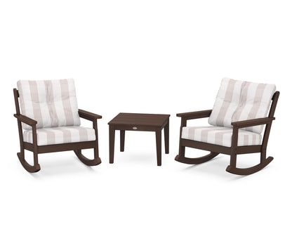 POLYWOOD® Vineyard 3-Piece Deep Seating Rocker Set in Mahogany / Buffalo Plaid Dune Burlap