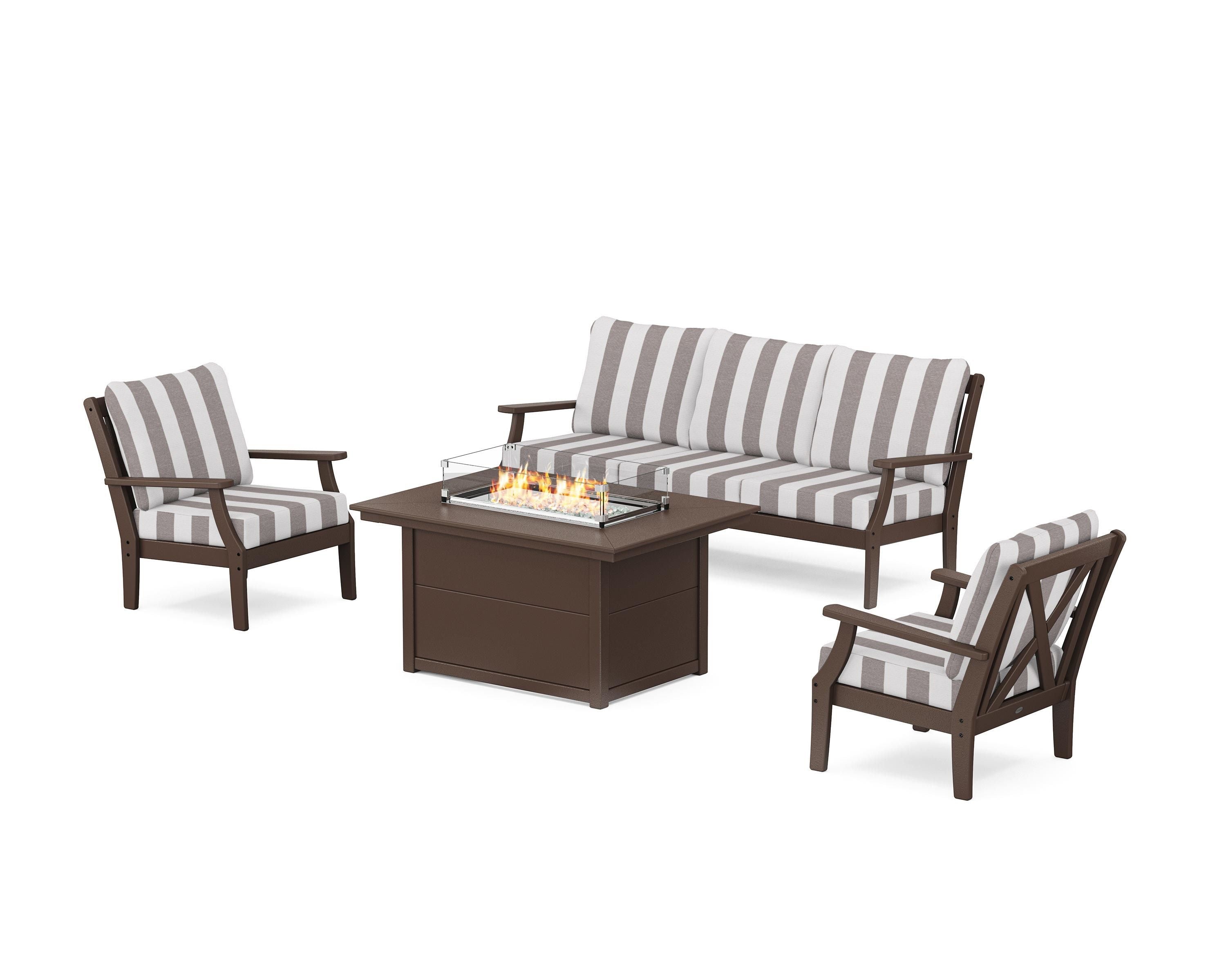 POLYWOOD® Braxton Deep Seating Fire Pit Table Set in Mahogany / Cabana Stripe Grey Mist