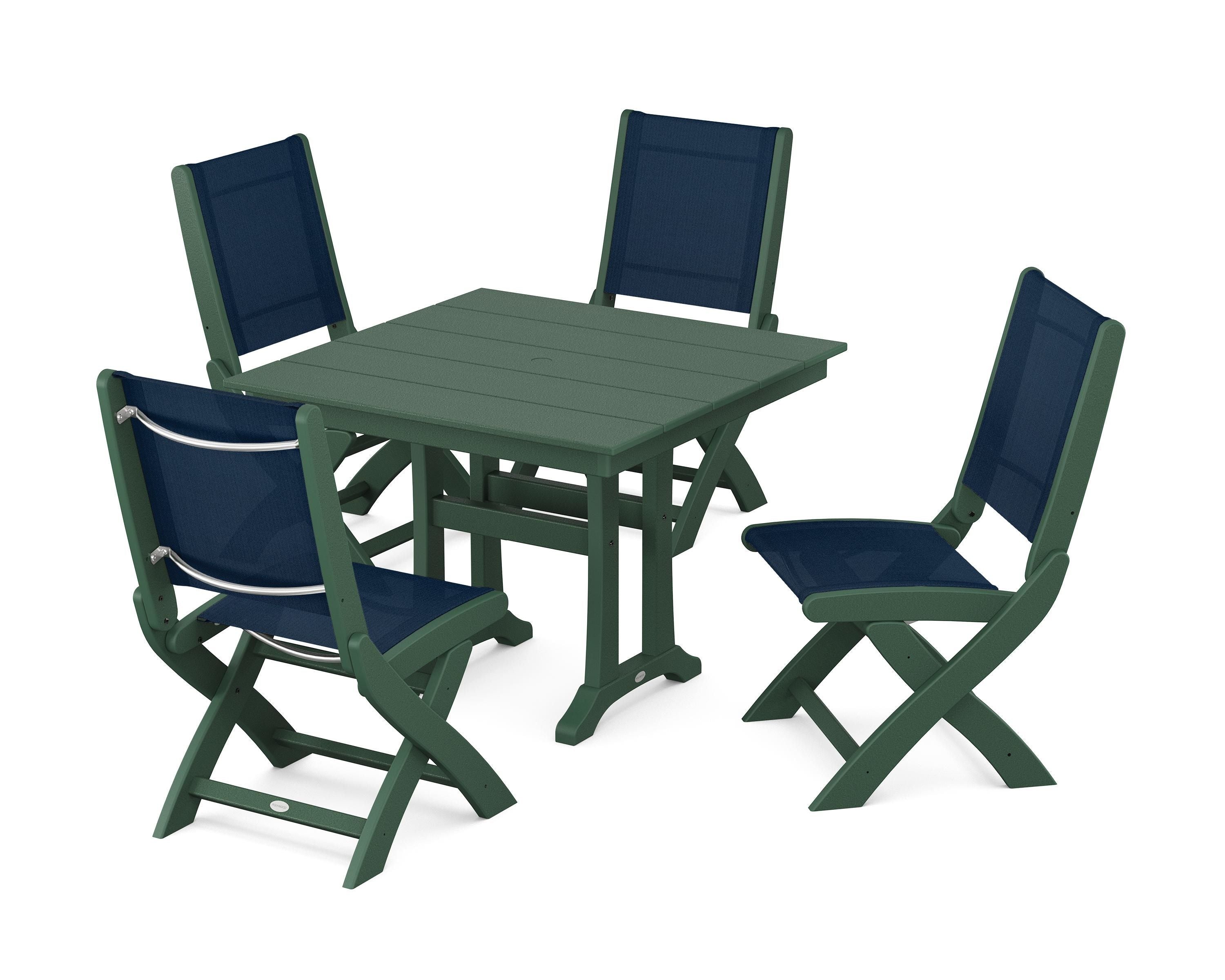POLYWOOD® Coastal Folding Side Chair 5-Piece Farmhouse Dining Set With Trestle Legs in Green / Navy Blue Sling