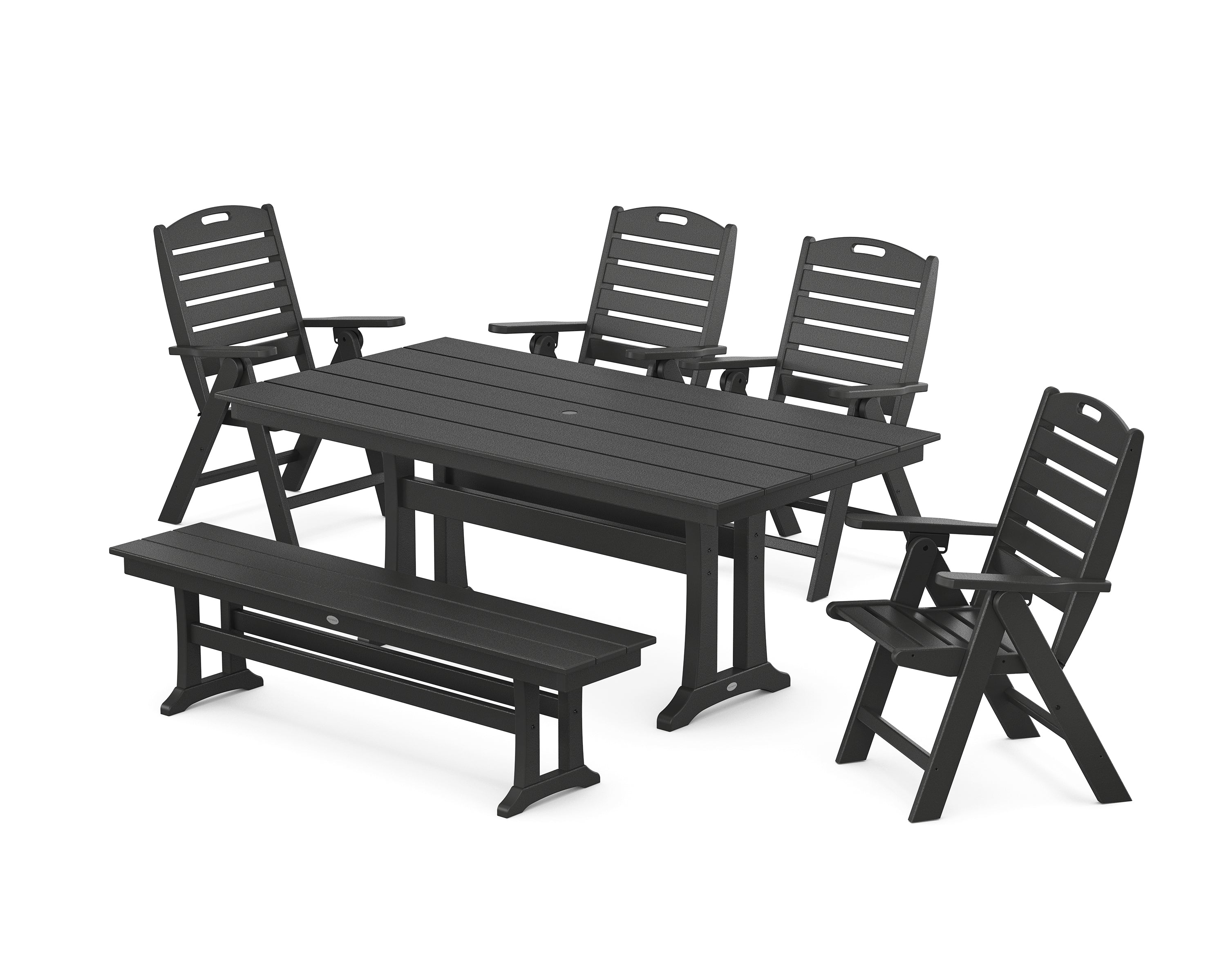 POLYWOOD® Nautical Highback 6-Piece Farmhouse Dining Set with Trestle Legs and Bench in Black