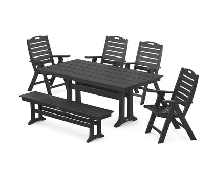 POLYWOOD® Nautical Highback 6-Piece Farmhouse Dining Set with Trestle Legs and Bench in Black