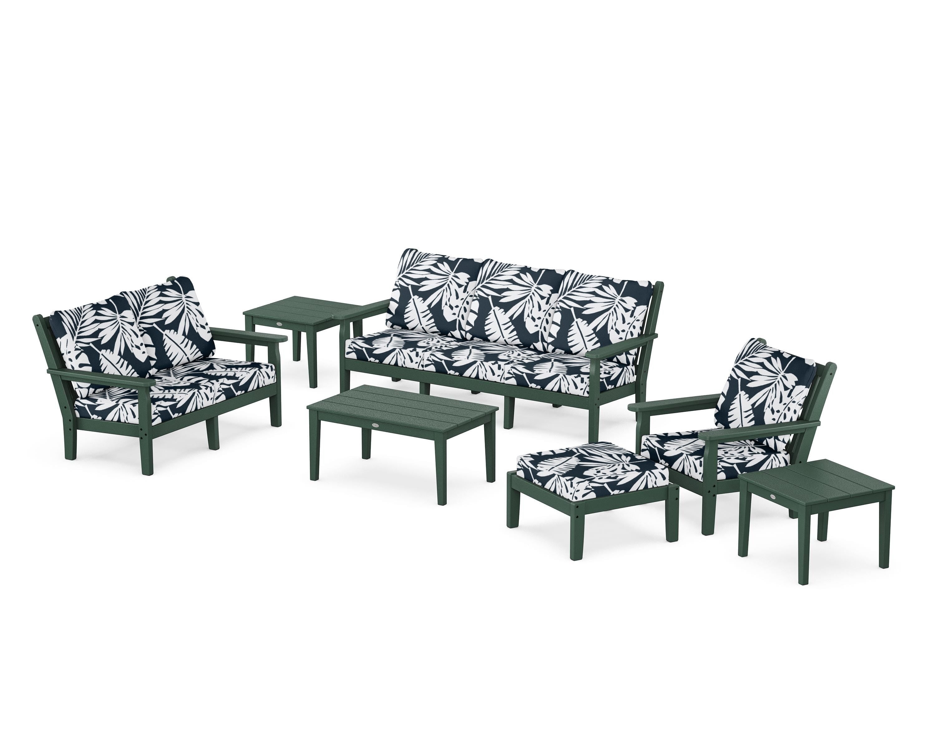 POLYWOOD® Chippendale 7-Piece Deep Seating Set in Green / Leaf Marine Indigo