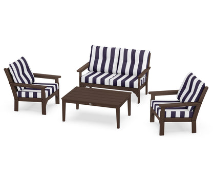 POLYWOOD® Vineyard 4-Piece Deep Seating Set in Mahogany / Cabana Stripe Navy