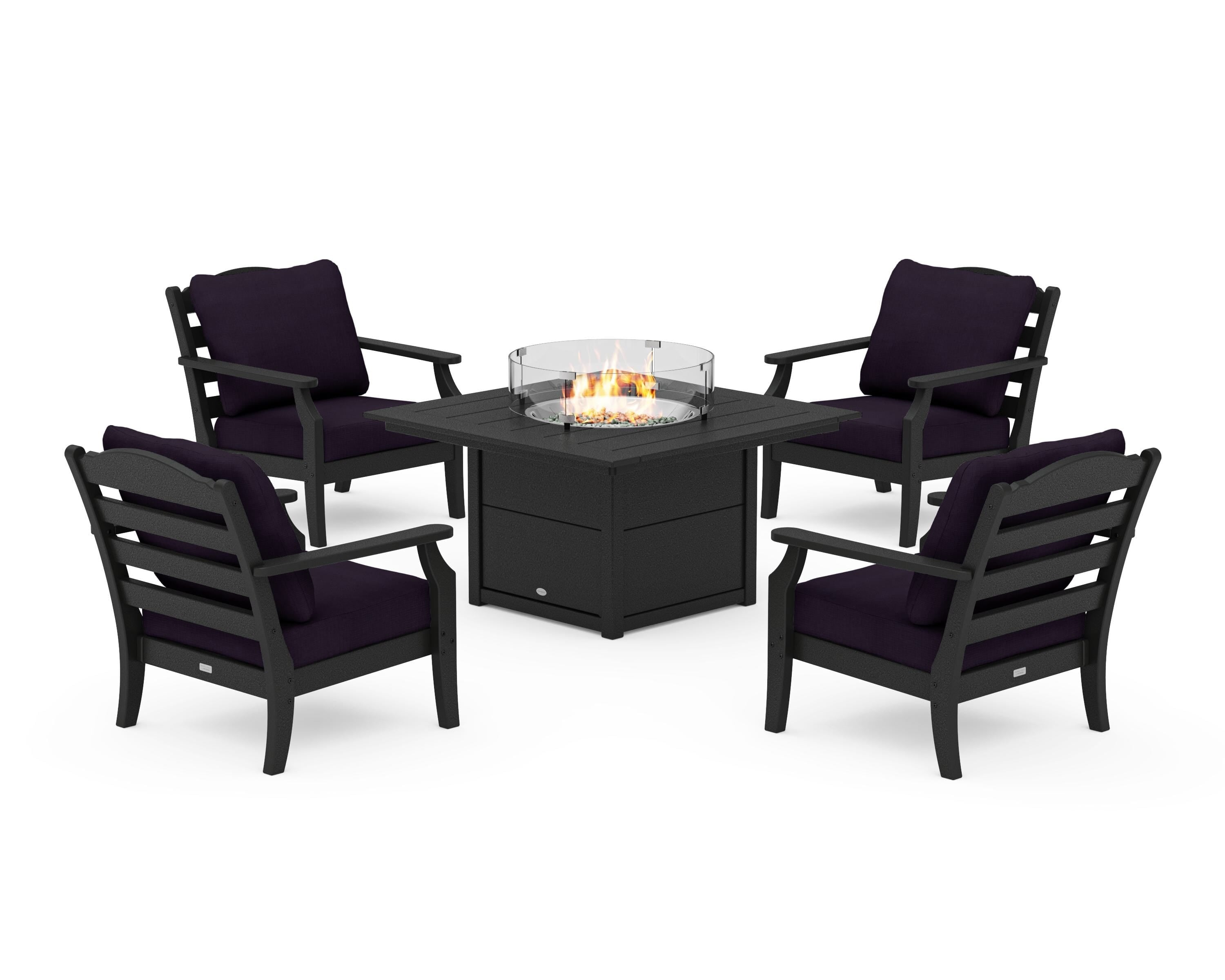 Draper James™ by  POLYWOOD® Savannah 5-Piece Deep Seating Set with Fire Pit Table in Black / Navy Linen