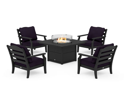 Draper James™ by  POLYWOOD® Savannah 5-Piece Deep Seating Set with Fire Pit Table in Black / Navy Linen