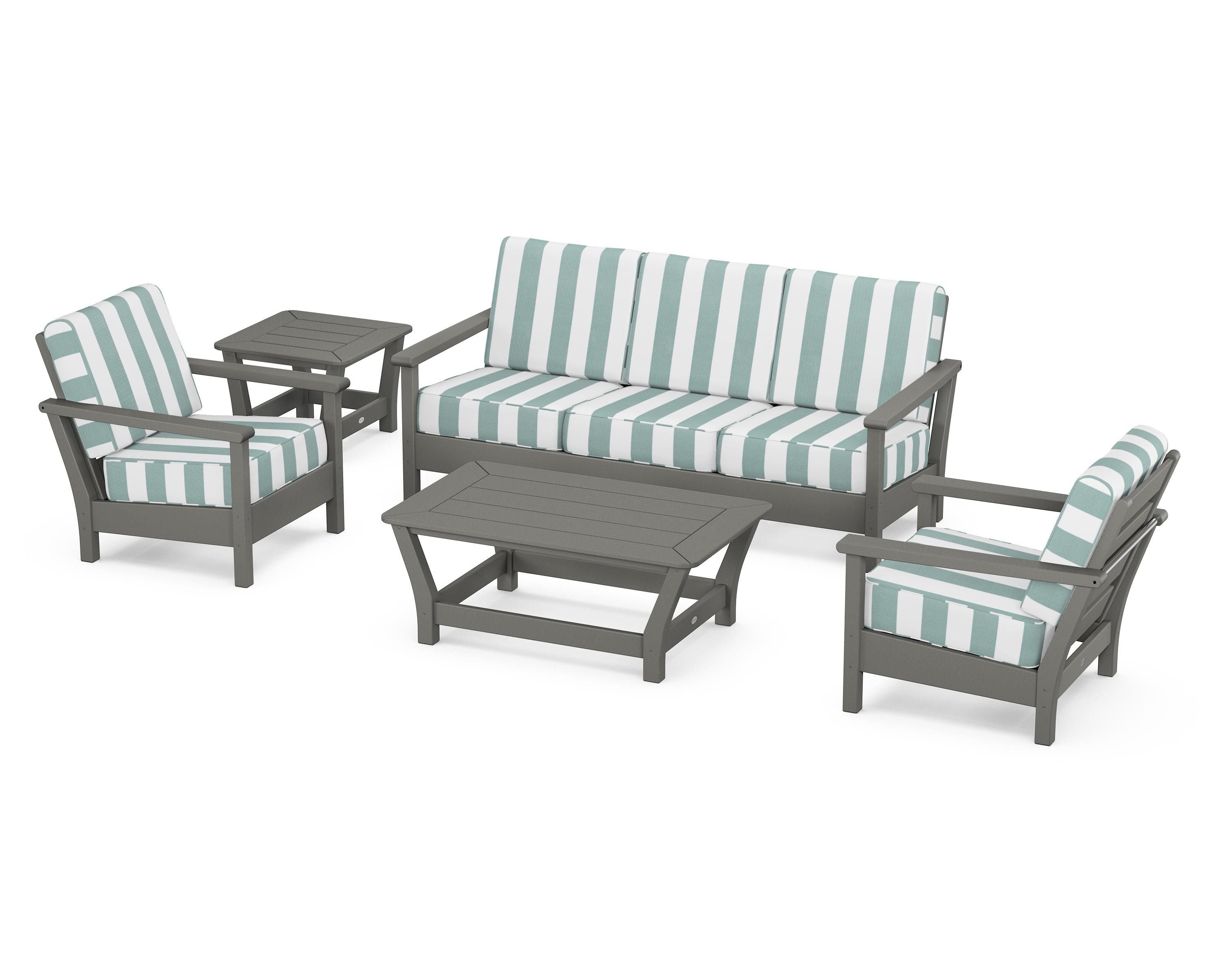 POLYWOOD® Harbour 5-Piece Deep Seating Set in Slate Grey / Cabana Stripe Glacier Spa