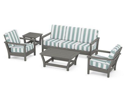 POLYWOOD® Harbour 5-Piece Deep Seating Set in Slate Grey / Cabana Stripe Glacier Spa