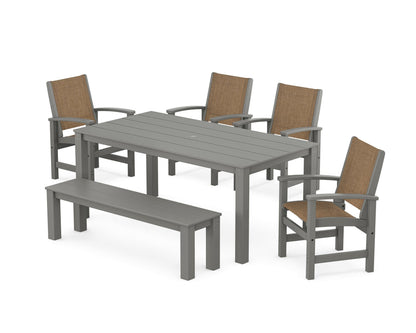 POLYWOOD® Coastal 6-Piece Parsons Dining Set with Bench in Slate Grey / Burlap Sling