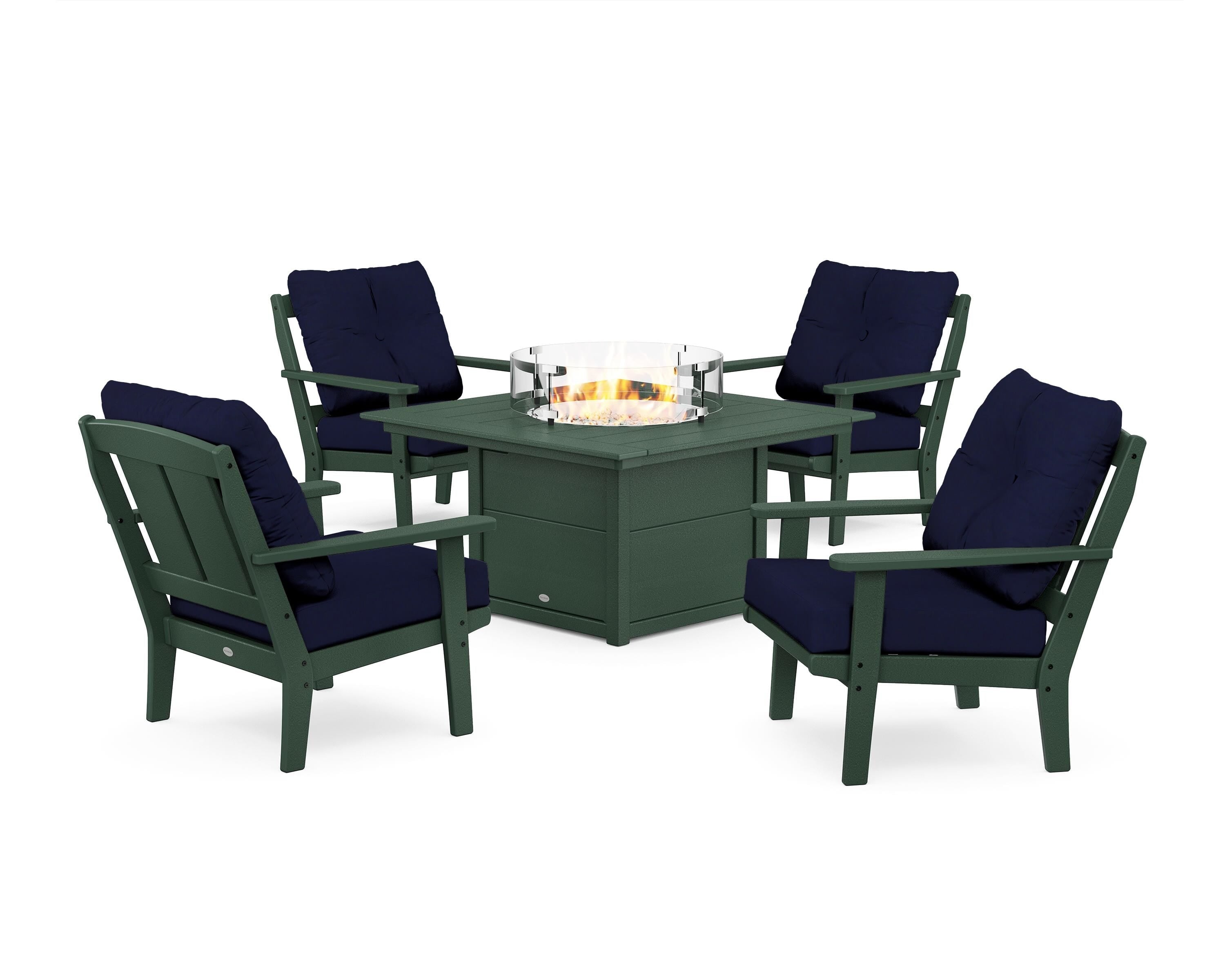 POLYWOOD® Mission 5-Piece Deep Seating Set with Fire Pit Table in Green / Navy