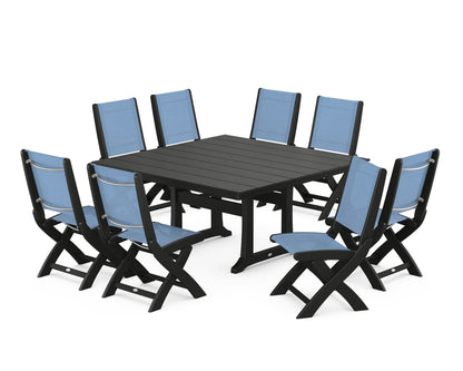 POLYWOOD® Coastal Folding Side Chair 9-Piece Farmhouse Dining Set in Black / Poolside Sling
