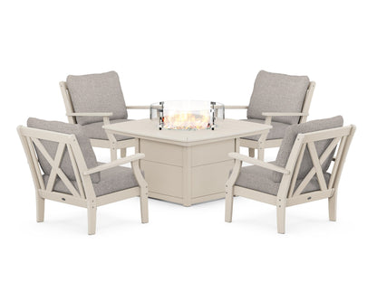 POLYWOOD® Braxton 5-Piece Deep Seating Conversation Set with Fire Pit Table in Sand / Weathered Tweed