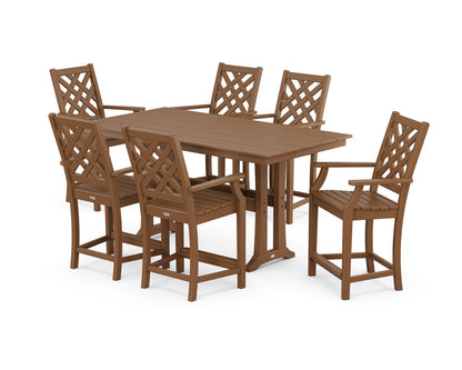 Country Living Wovendale Arm Chair 7-Piece Farmhouse Counter Set with Trestle Legs in Teak