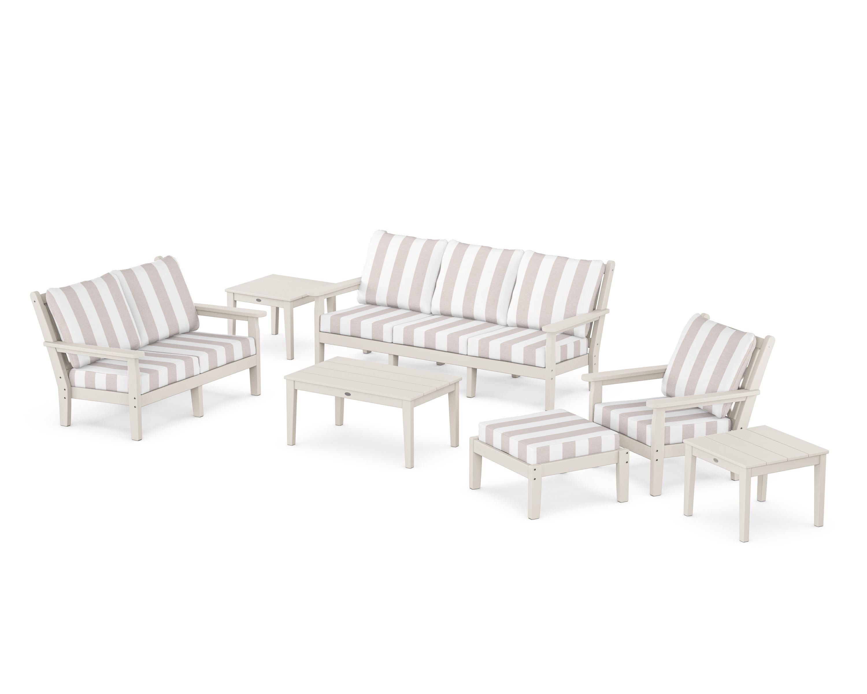 POLYWOOD® Chippendale 7-Piece Deep Seating Set in Sand / Cabana Stripe Dune Burlap