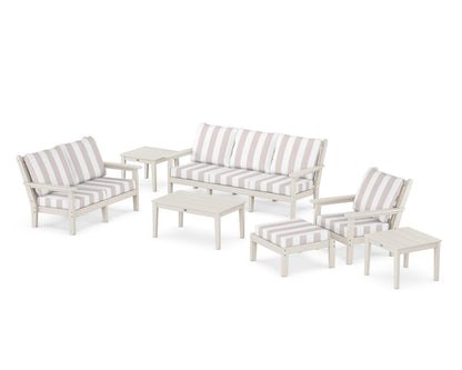 POLYWOOD® Chippendale 7-Piece Deep Seating Set in Sand / Cabana Stripe Dune Burlap