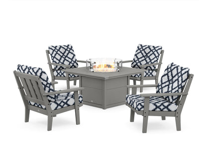 POLYWOOD® Oxford 5-Piece Deep Seating Set with Fire Pit Table in Slate Grey / Trellis Marine Indigo