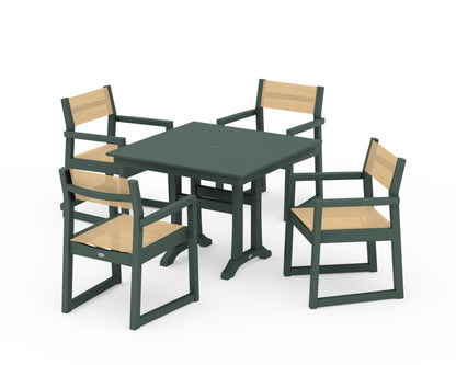 POLYWOOD® EDGE Sling 5-Piece Farmhouse Dining Set with Trestle Legs in Green / Dupioni Apricot Sling