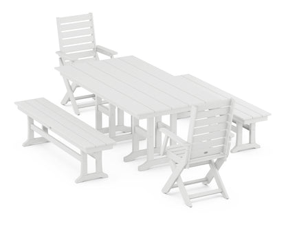 POLYWOOD® Captain Folding Chair 5-Piece Farmhouse Dining Set with Benches in White