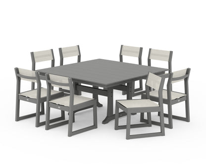 POLYWOOD® EDGE Sling Side Chair 9-Piece Farmhouse Trestle Dining Set in Slate Grey / Parchment Sling