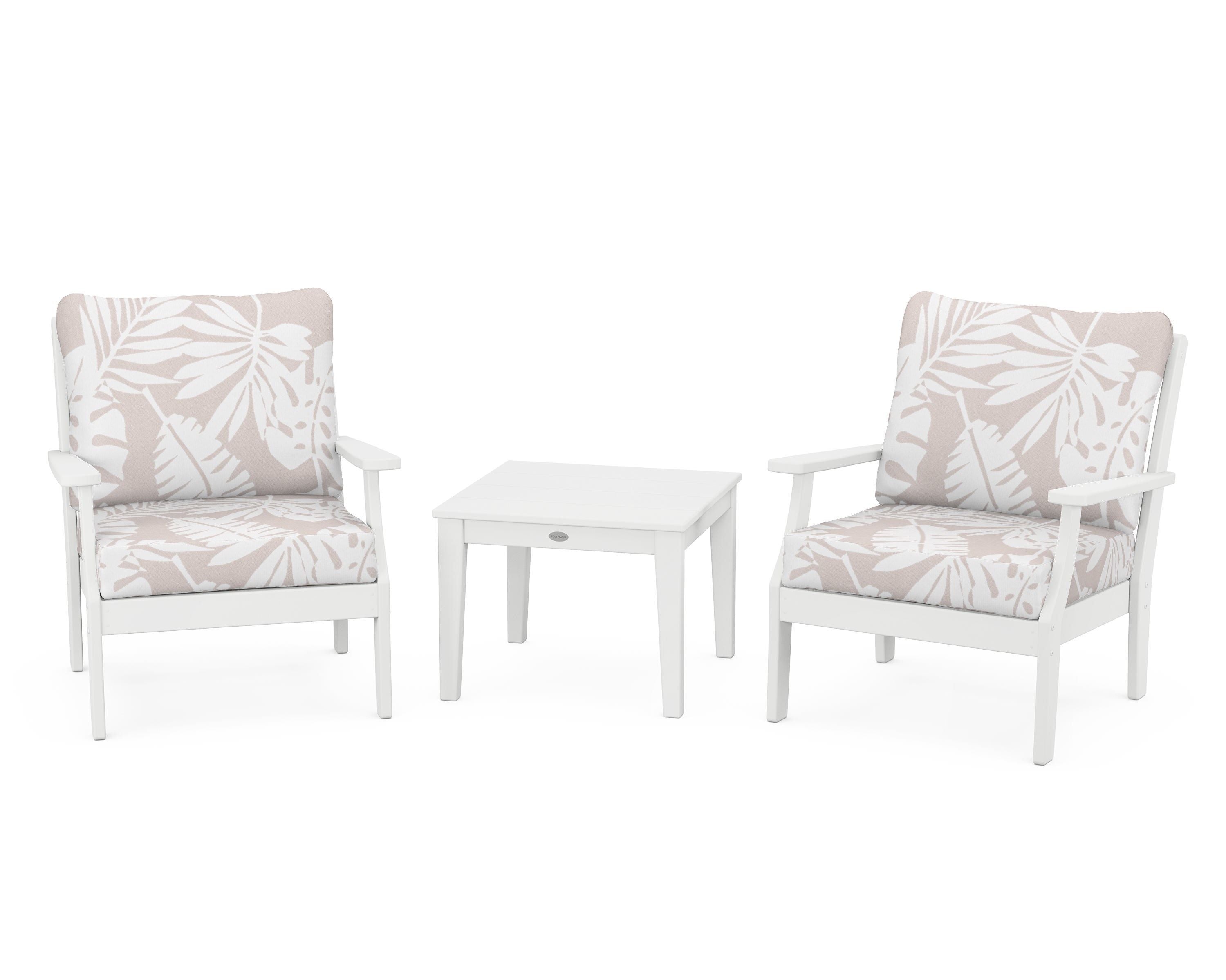 POLYWOOD® Braxton 3-Piece Deep Seating Set in White / Leaf Dune Burlap