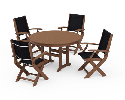 POLYWOOD® Coastal Folding Chair 5-Piece Round Dining Set in Teak / Black Sling