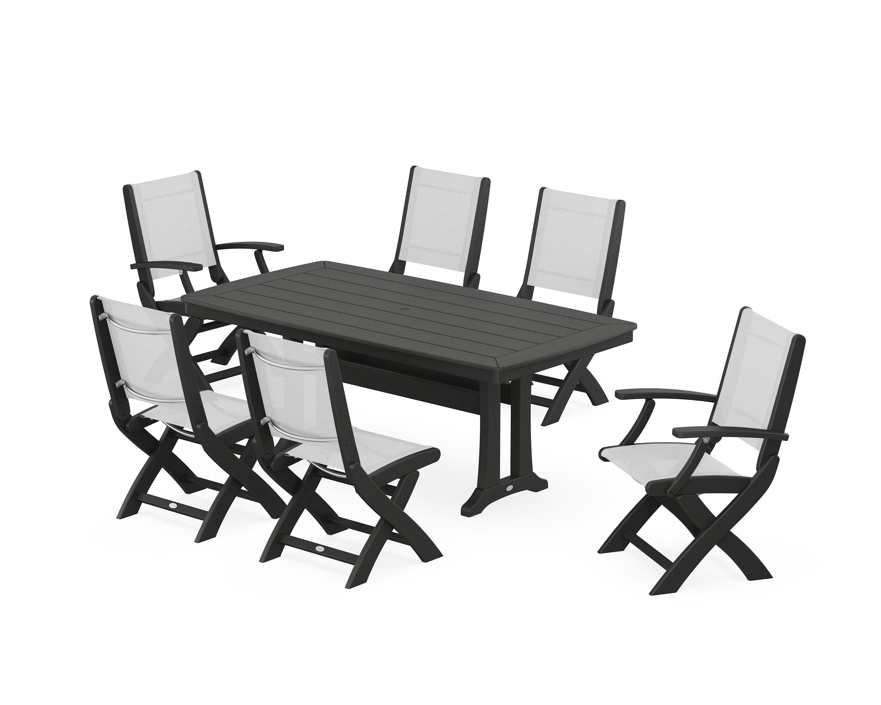 POLYWOOD® Coastal Folding Chair 7-Piece Dining Set with Trestle Legs in Black / White Sling