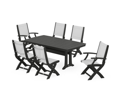 POLYWOOD® Coastal Folding Chair 7-Piece Dining Set with Trestle Legs in Black / White Sling