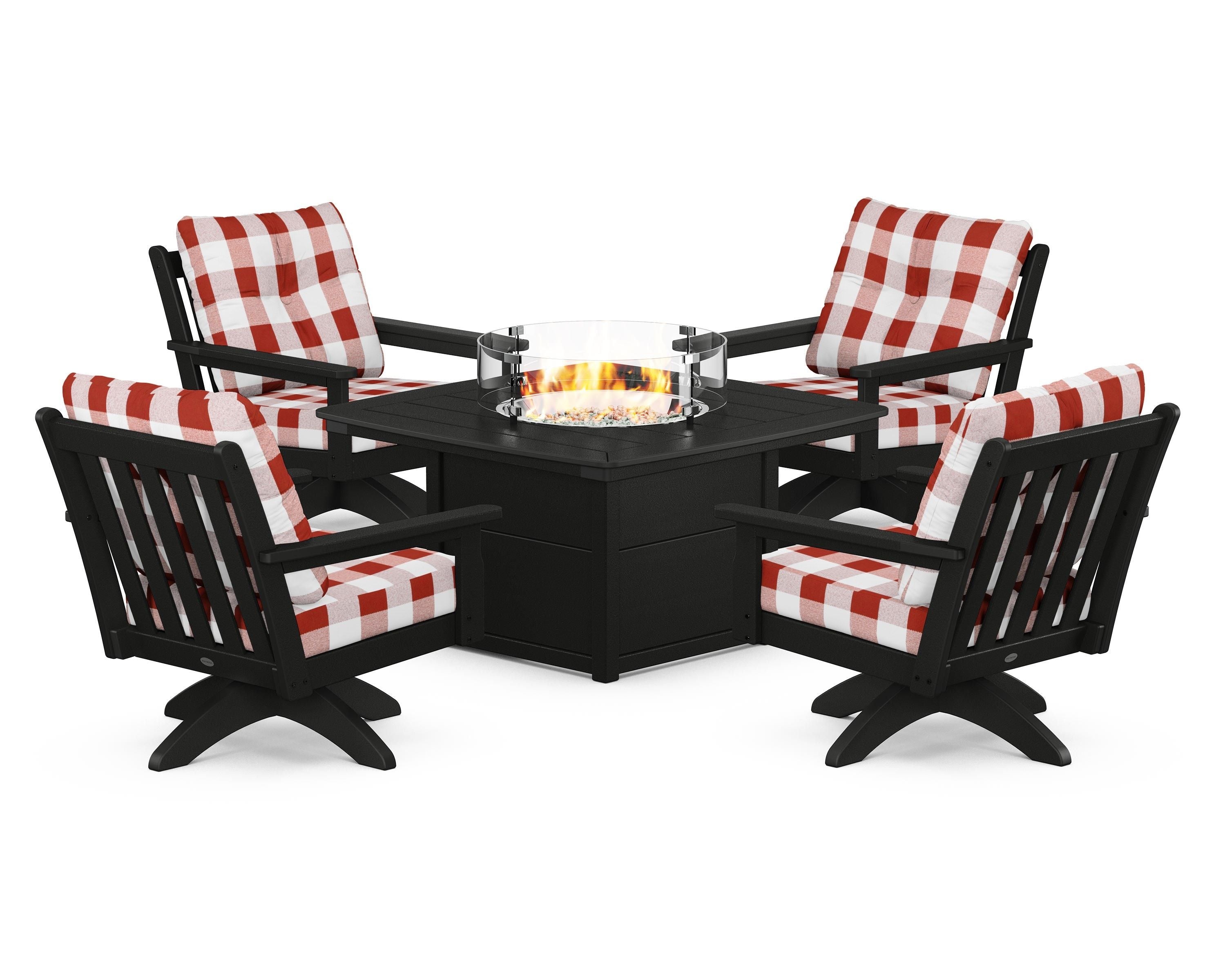 POLYWOOD® Vineyard 5-Piece Deep Seating Swivel Conversation Set with Fire Pit Table in Black / Buffalo Plaid Crimson
