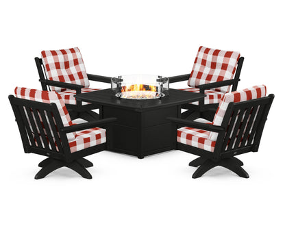 POLYWOOD® Vineyard 5-Piece Deep Seating Swivel Conversation Set with Fire Pit Table in Black / Buffalo Plaid Crimson