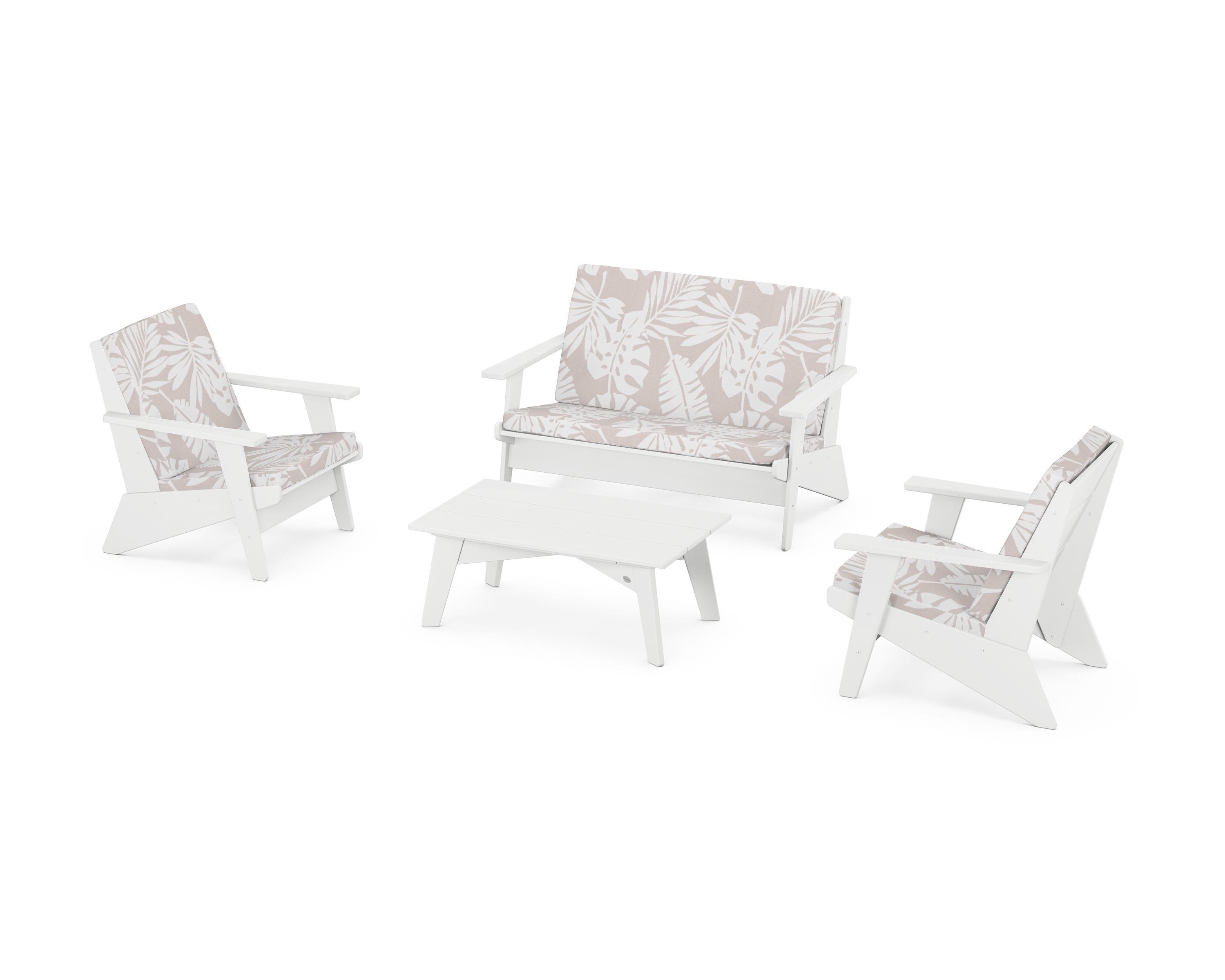 POLYWOOD® Riviera Modern Lounge 4-Piece Set in White / Leaf Dune Burlap